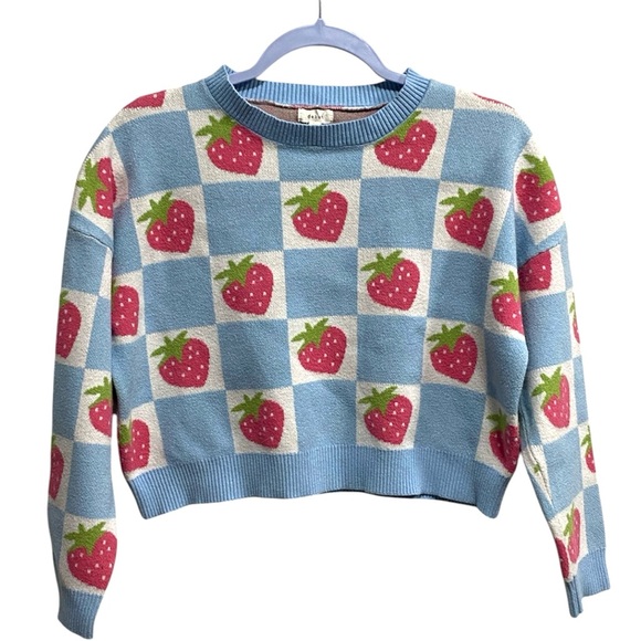 Debut Blue Strawberry Checkerboard Cropped Knit Sweater XS - Picture 1 of 9